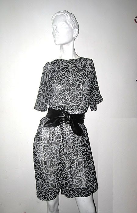 Vtg 80s ROSE floral Black WHITE sheer TENT mod Dress OS  