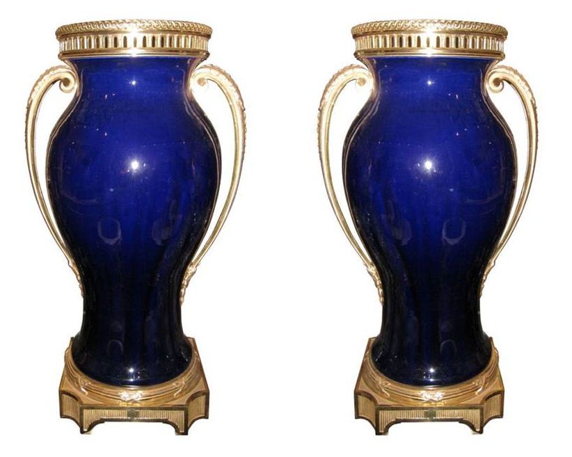 Pair Sevres Cobalt Blue Porcelain Bronze Mounted Vases  