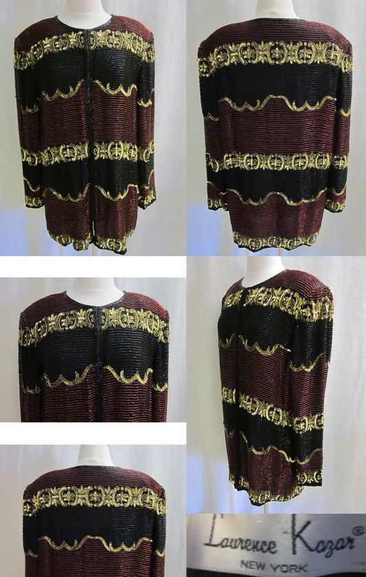 LAURENCE KAZAR GOLD RED BLACK SEQUINS BEADS EVE PARTY CARDIGAN TOP 