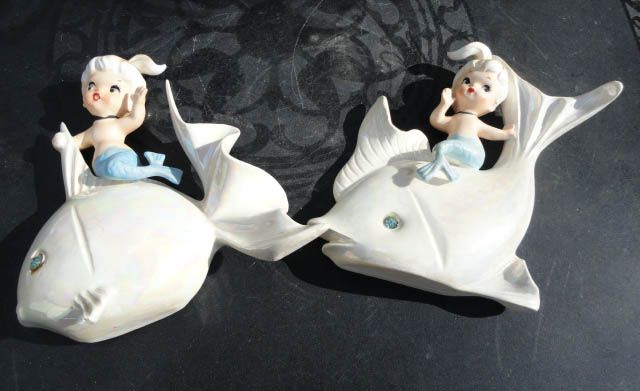   Mermaid Riding Fish Wall Placque Pair Japan Sparkle Eyes   Norcrest