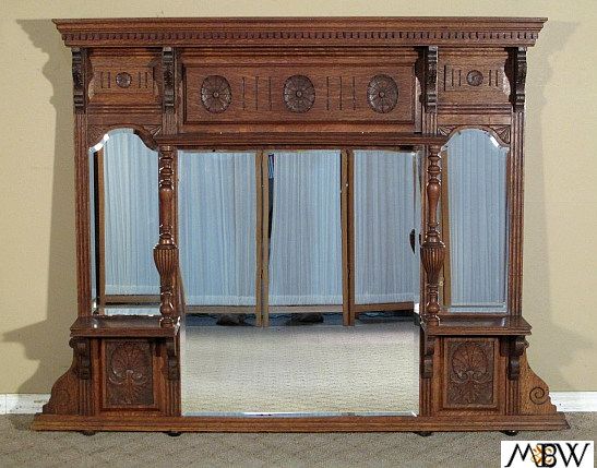 ANTIQUE English SOLID OAK Fire Place OVERMANTEL w/ Mirrors c1900 n48 