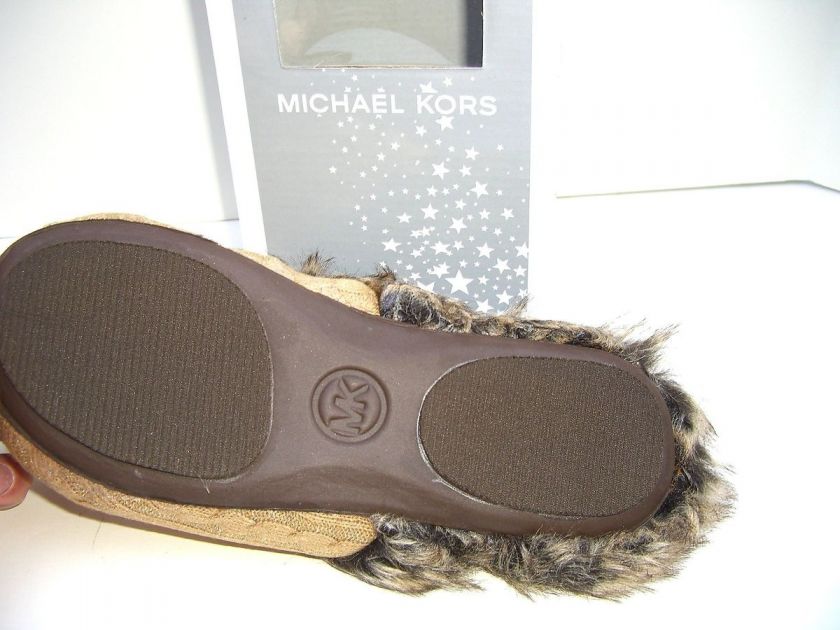 MICHAEL KORS JET SET KNIT Camel Womens Faux Fur Slippers Shoes US 