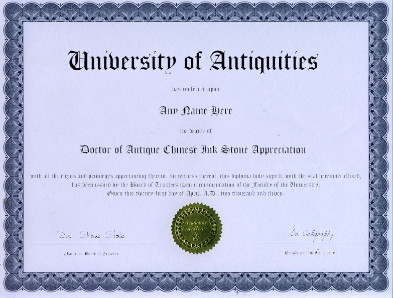 Doctor Antique Chinese Ink Stone Appreciation Diploma  