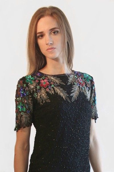 Vtg 80s SILK BEADED BACKLESS DRESS XS S Sequin Trophy Cut Out Cocktail 