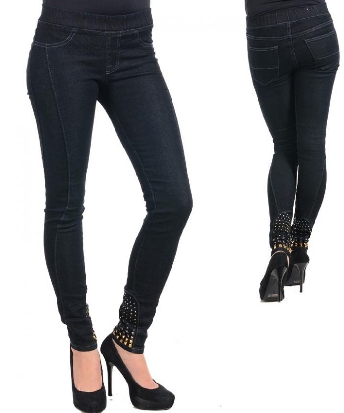 Womans Jeans Denim Jeggings Leggings pull on studded S M L XL jr Black 